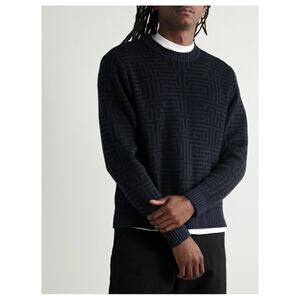NWT Saturdays NYC Greg Geo Jacquard-Knit Cotton and Cashmere-Blend Sweater Blue
